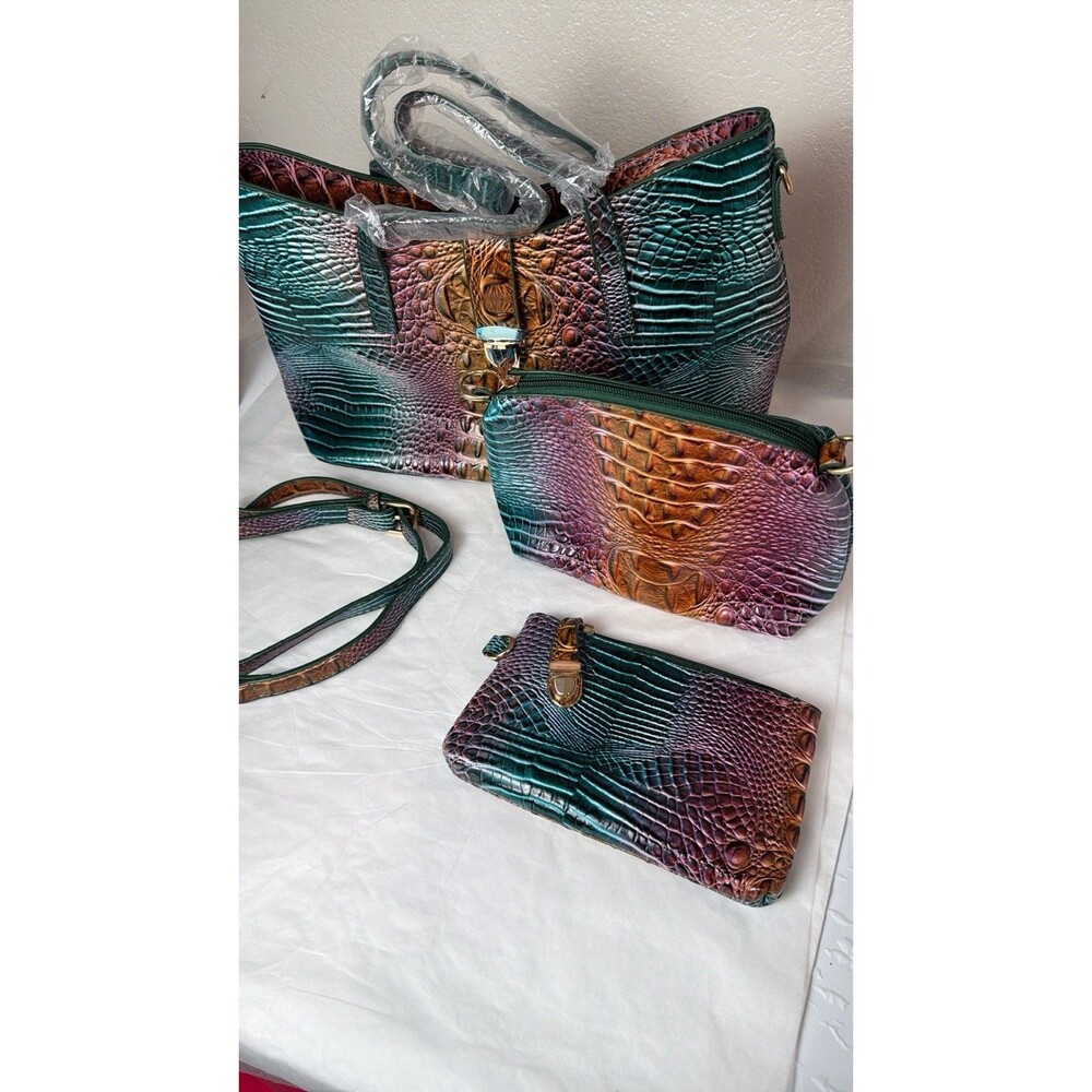 3pc Gradient Crocodile Embossed Tote Crossbody Bag Wallet Set NWOT
